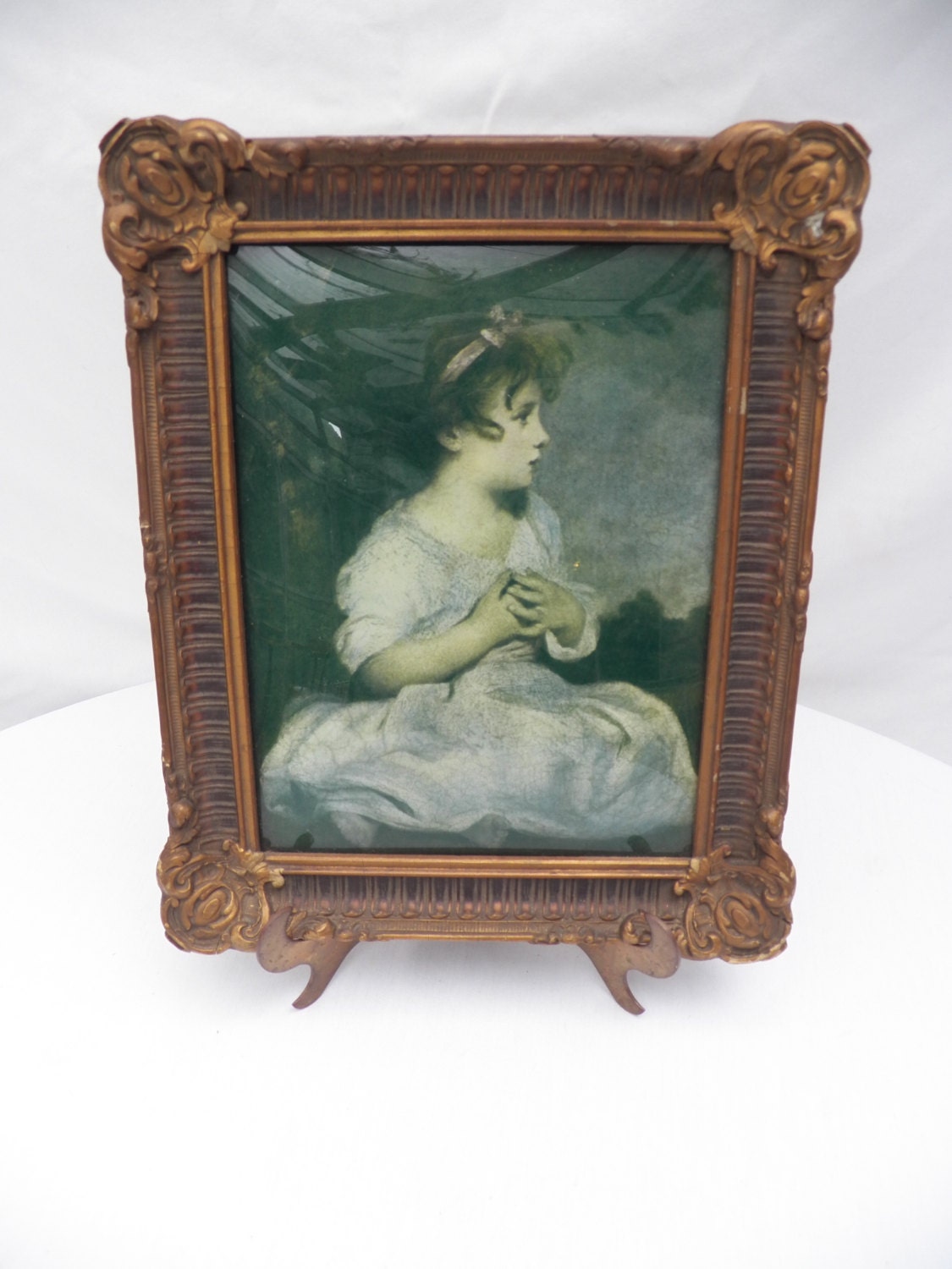 Victorian Young Girl Print in Antique Ornate Wood Gold Gilt and Frame Behind Convex Bubble Glass -