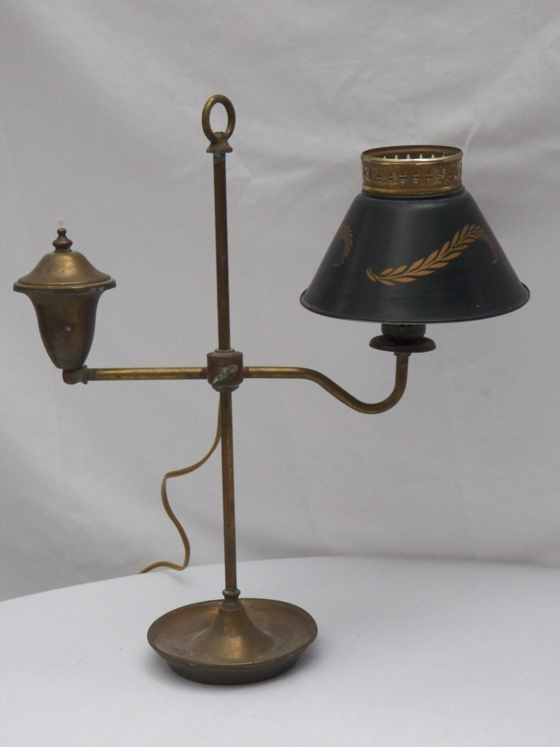 Vintage Solid Brass TOLE Student Boudoir Lamp - Black Gold Shade - Mid Century Toleware Colonial Regency Lighting