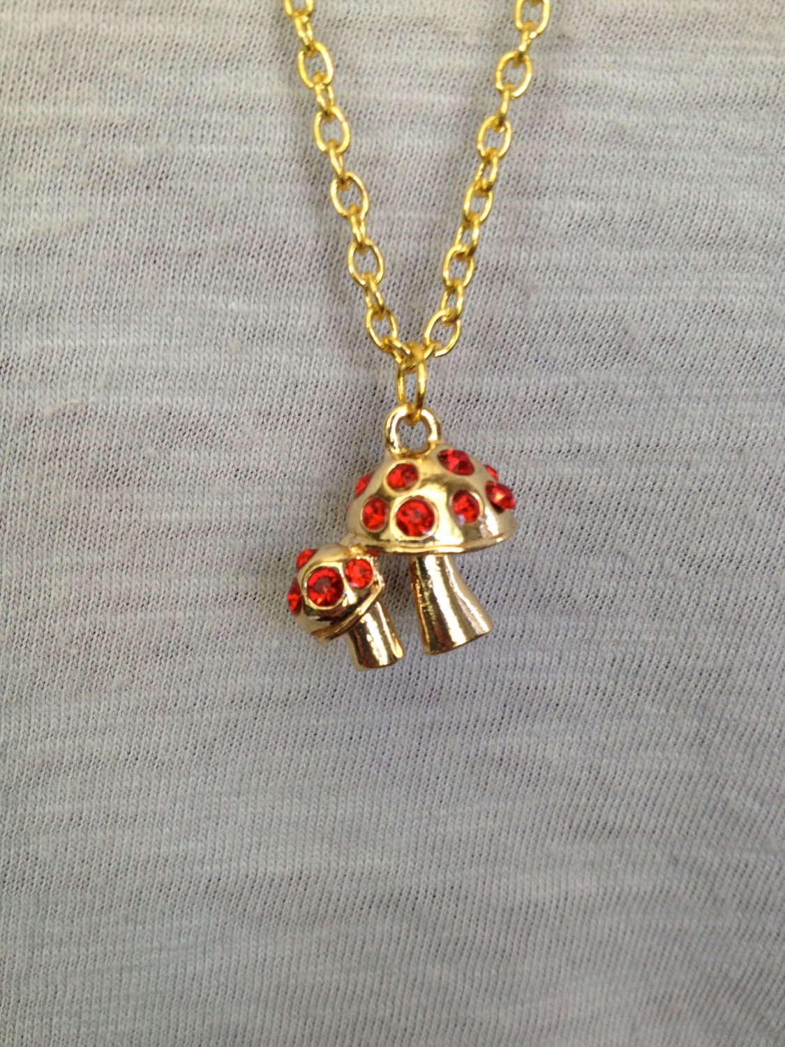 Gold And Red Rhinestone Mushrooms Charm Necklace