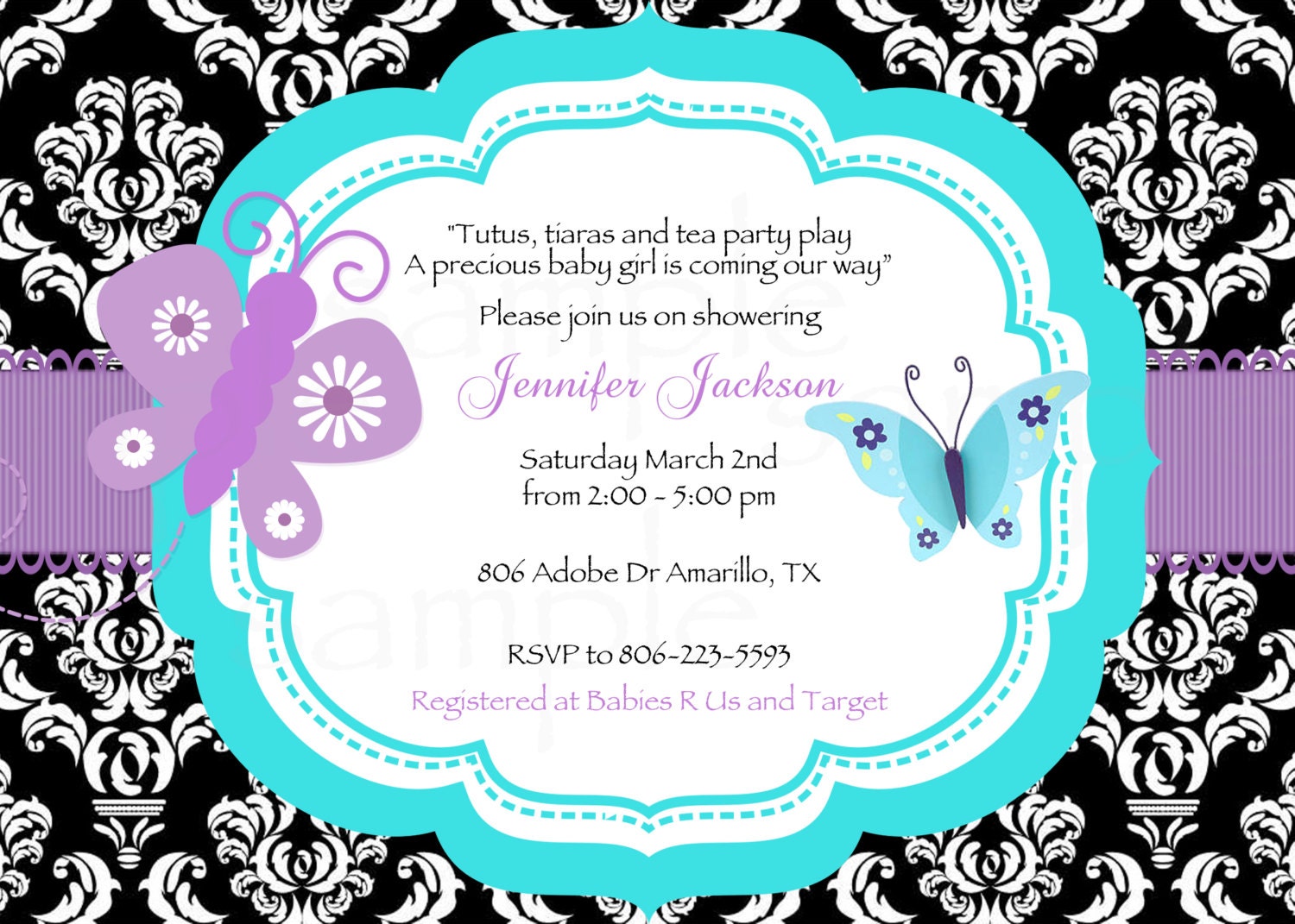 Damask Purple Butterfly Baby Shower Printable Invitation ONLY Il_170x135
