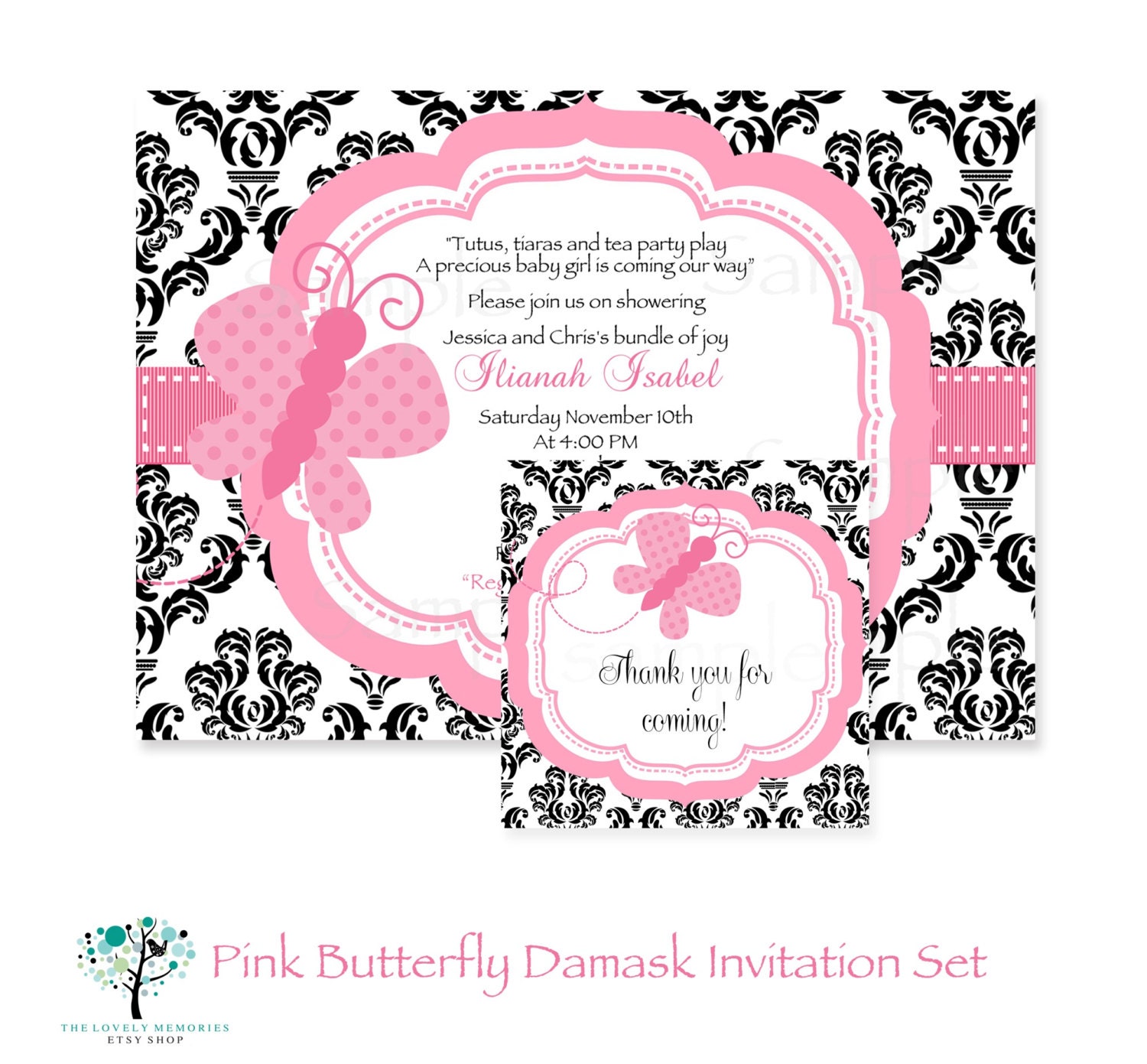 Damask Pink Butterfly Baby Shower Printable Invitation & Tag Set Il_170x135