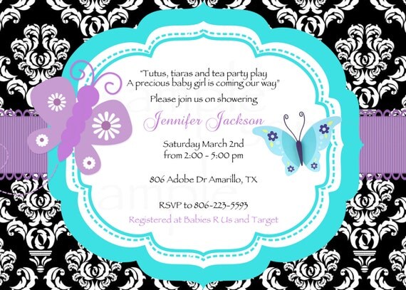 Damask Purple Butterfly Baby Shower Printable Invitation ONLY Il_570xn