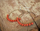 Wire Wrapped Hoops with Swarovski Pearls in Coral Orange. Hoop Earrings