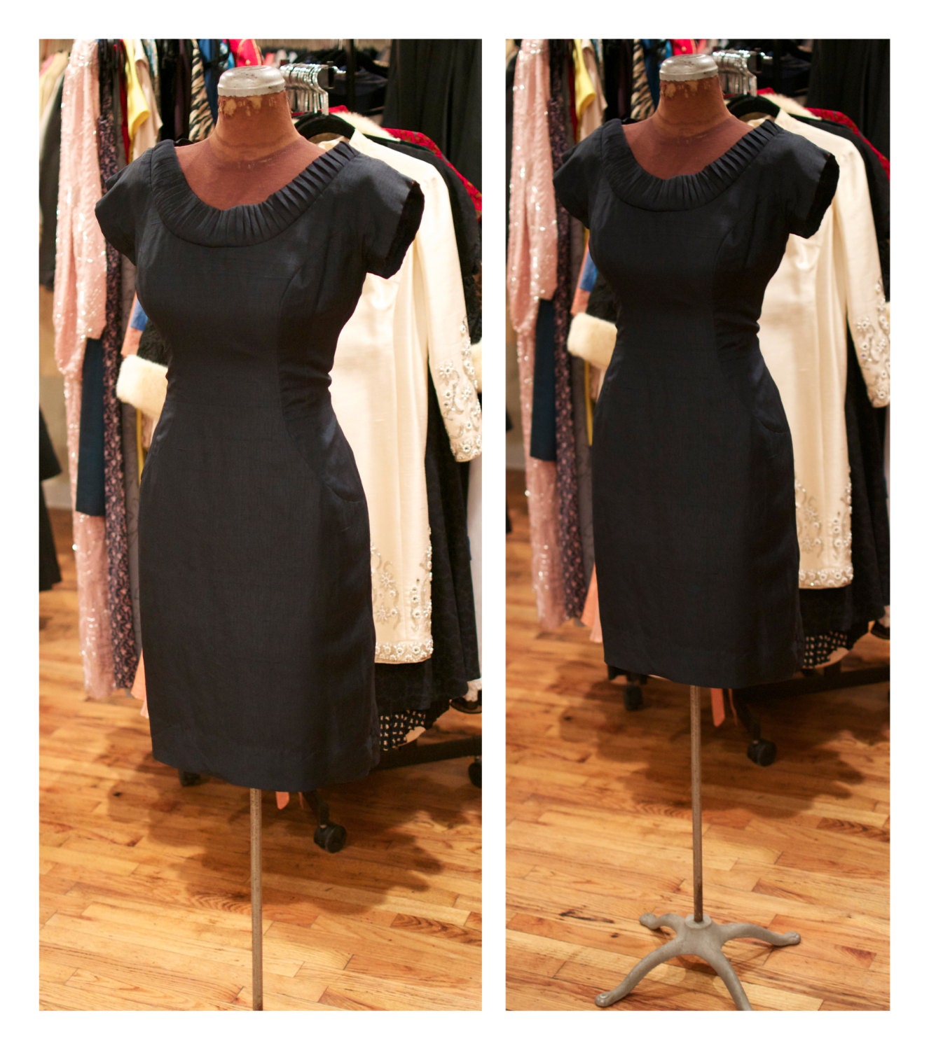 1960s Raw Silk Party Dress Fitted Mini Midi Dress with Pleated Neckline Blue Silk Cocktail Dress