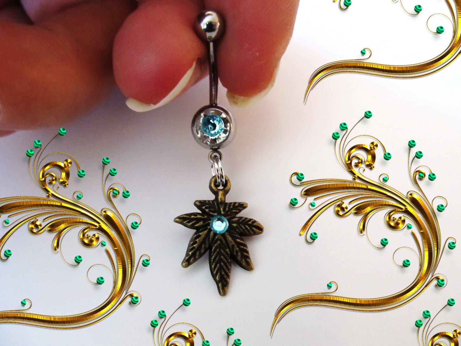 SALE---Belly Ring, Antique Bronze Cannabis Marijuana Leaf with Blue Crystal, Belly Button Jewelry, For Her