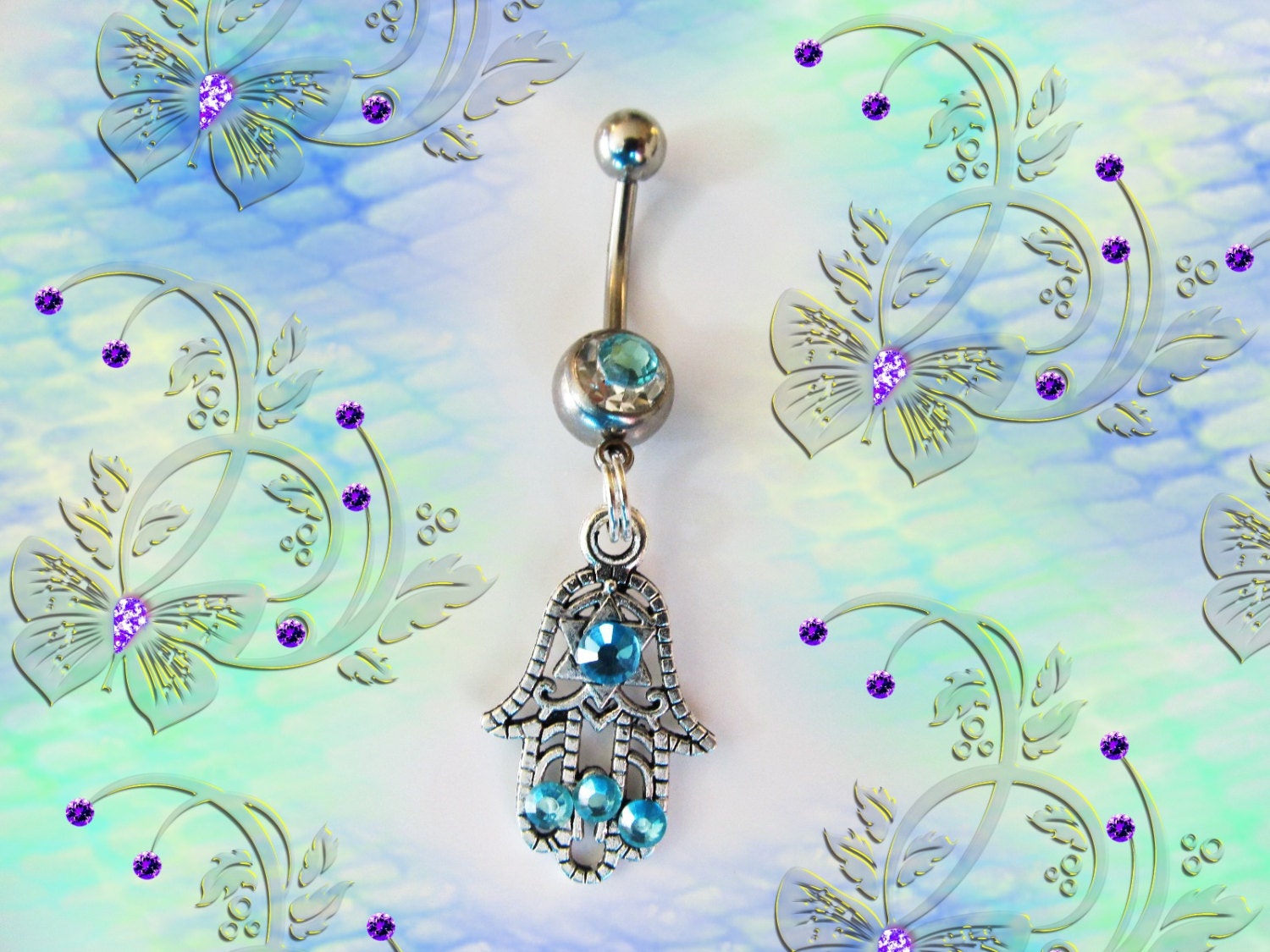 SALE--Belly Ring, Tibetan Silver Hamsa Filigree Star of Peace Hand, With Blue Crystals, Belly Button Ring, Belly Button Jewelry, For Her