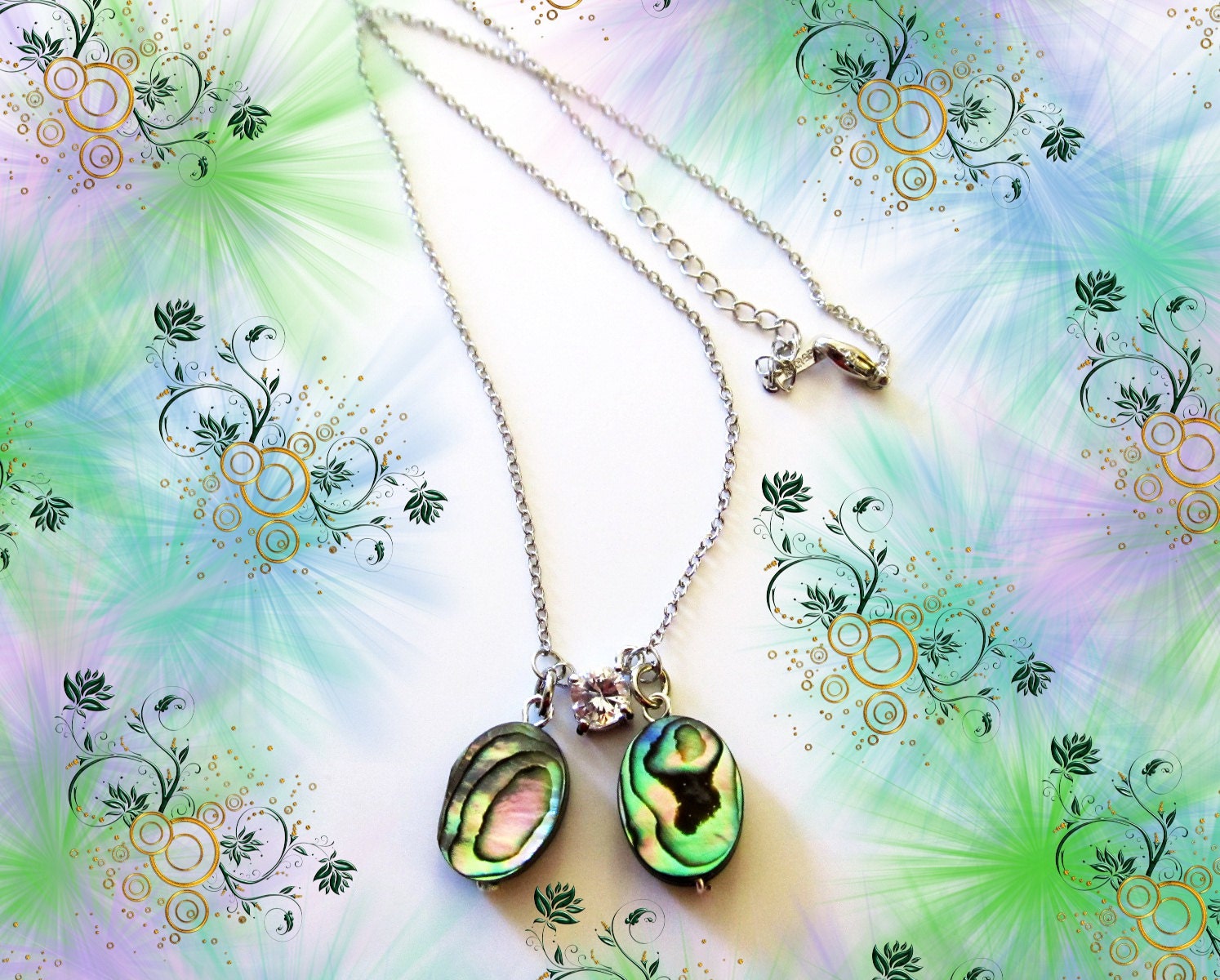 SALE"-CZ Diamond and Abalone Necklace -14KG, White Gold Chain - bridesmaid gifts, for friend or lover