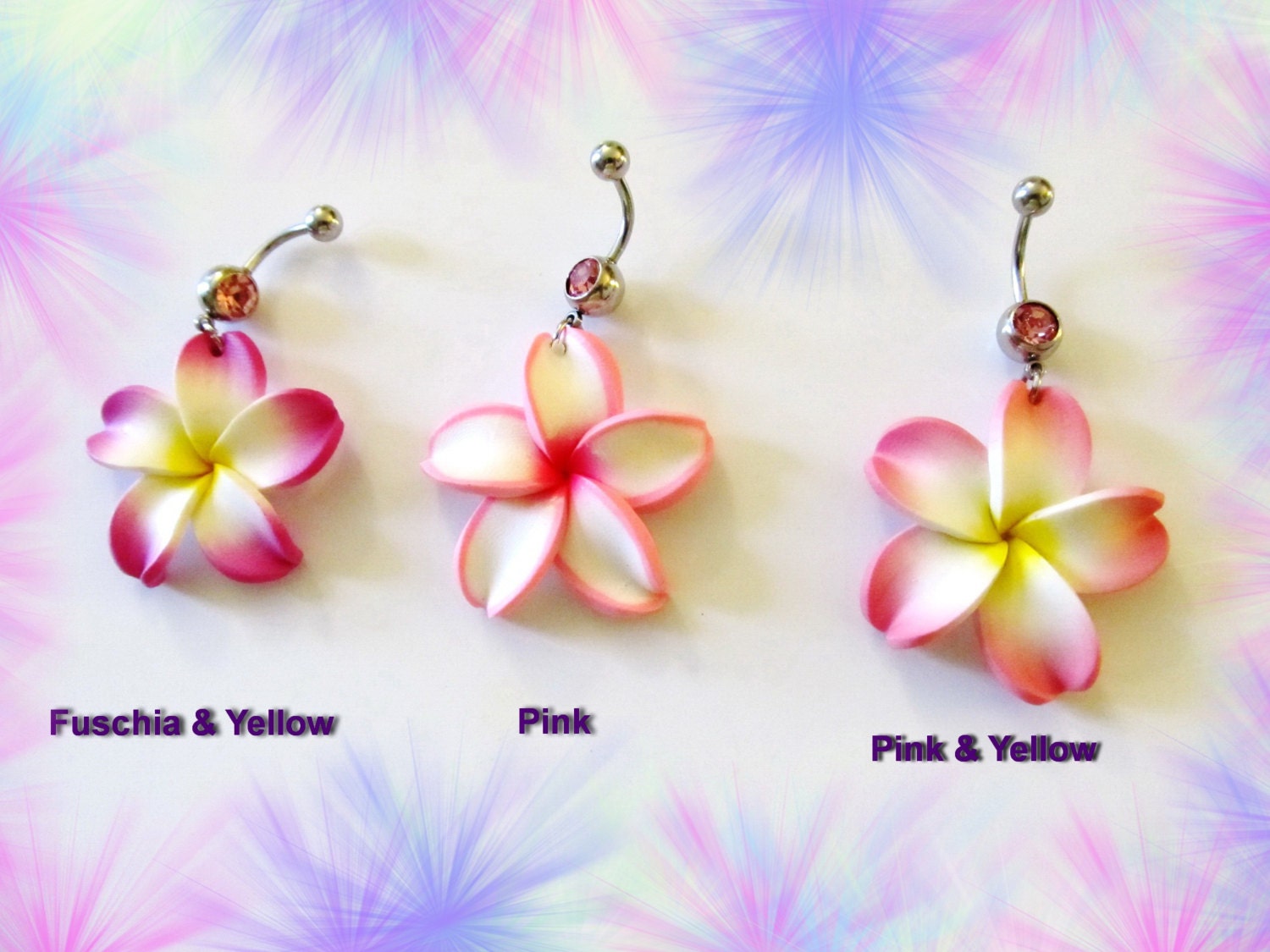 Belly Ring, Pink or Fuschia Hawaiian Plumeria Flower, Belly button Navel Ring, Belly Button Jewelry for Her