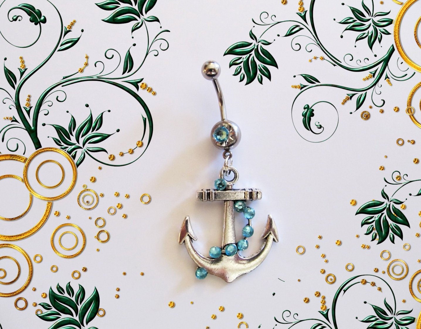 SALE--Belly Ring, Silver Nautical Ship Anchor with Blue Crystals on Chain, Belly Button Jewelry, For Her