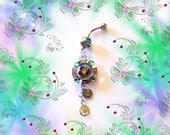 Belly Ring, Steampunk 18KG Dazzler Spinning Crystal Daisy Flower, With Dangling Watch Part Wheels, Belly Button Jewelry, OR NECKLACE