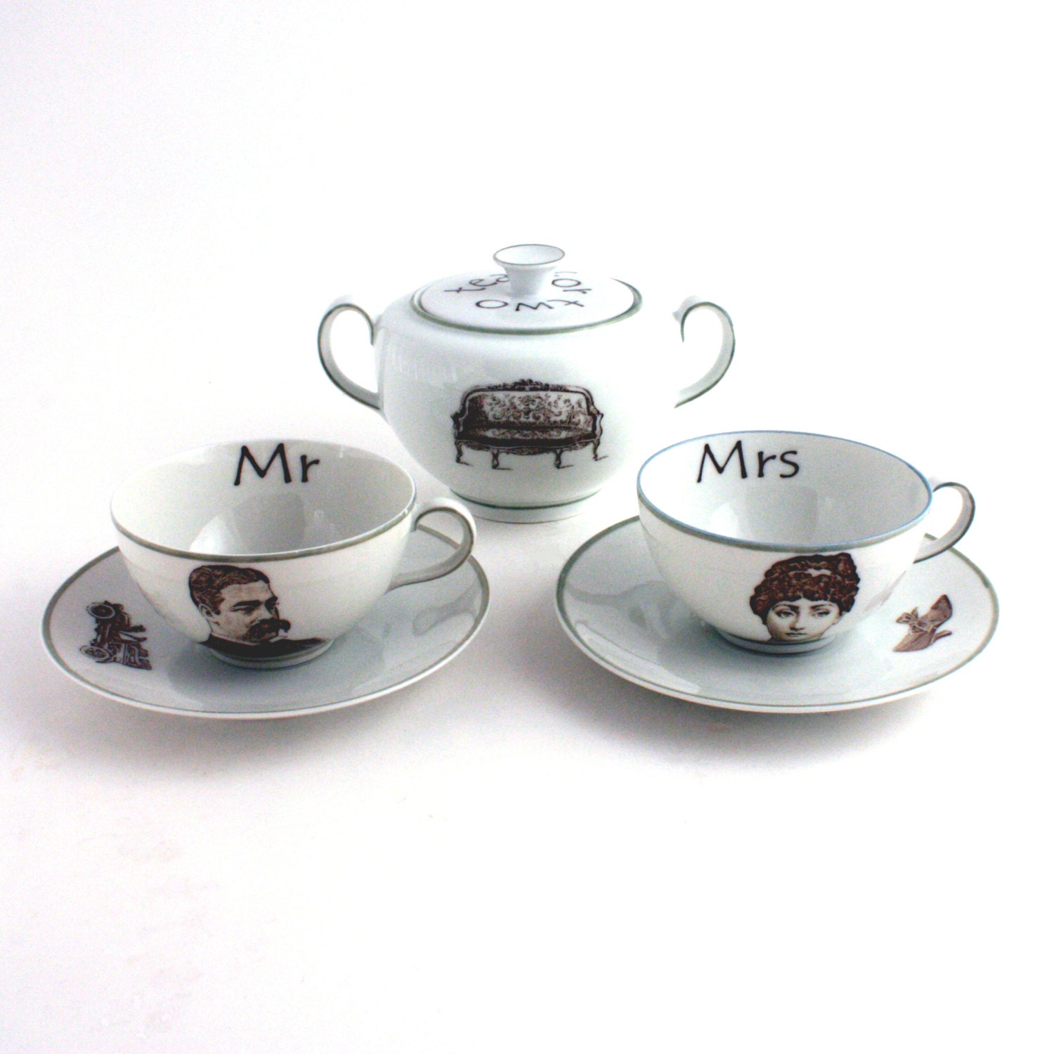 Mrs and Mr Couple Redesigned  2 Coffee Cups with Saucers and Sugar Pot Man Woman Vintage Pair  Porcelaiin White Wedding Present