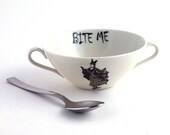 Porcelain Batwoman Cereal Bowl Bite Me Altered  Soup Mug  Vintage Redesigned  White Funny Fun Spooky Goth Halloween