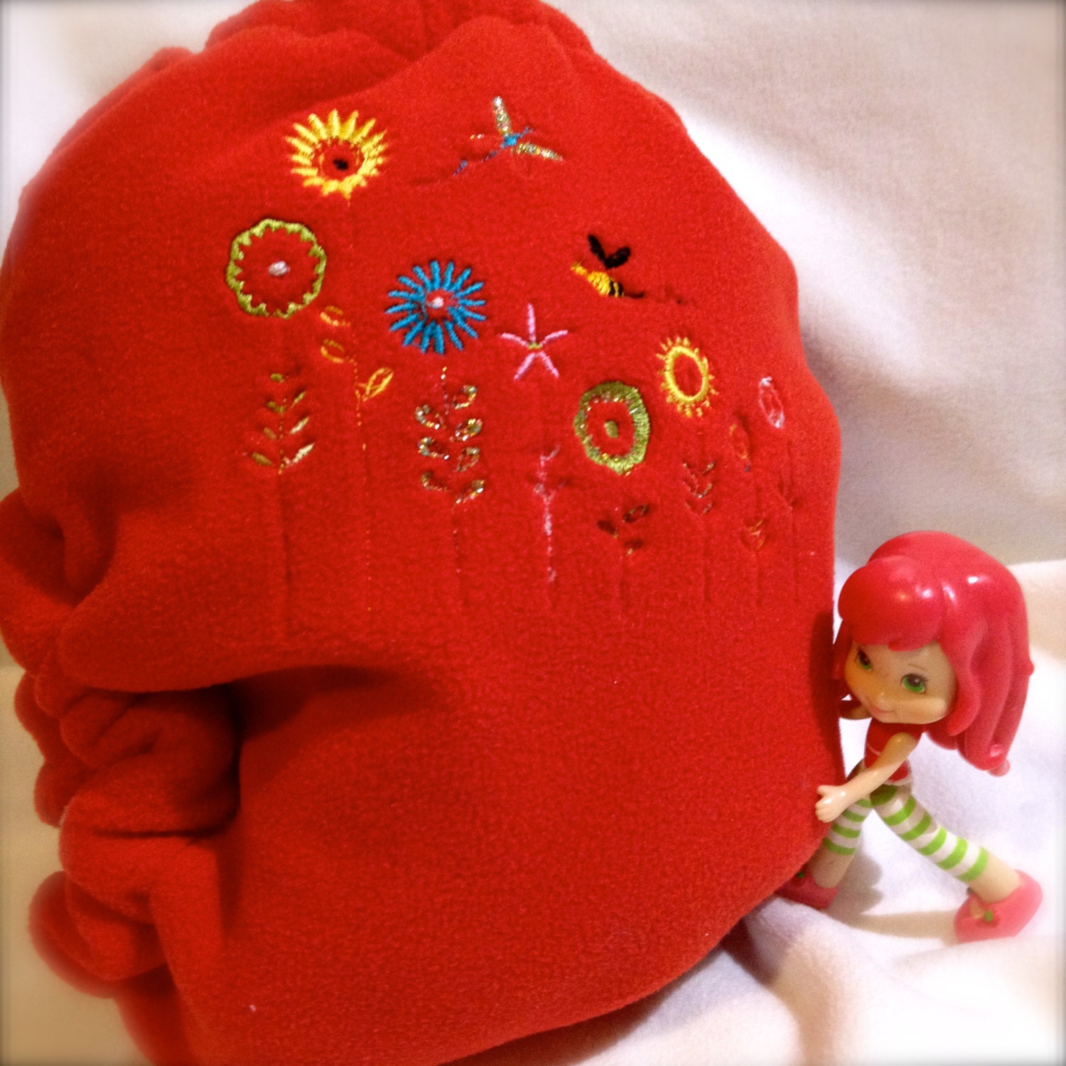 Lively Garden Embroidered Red Fleece Diaper with Yellow Snaps