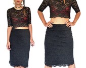 HOLA VINTAGE 90s grunge black lace tube skirt - 90s goth grunge lace midi skirt - scalloped black lace skirt - small medium