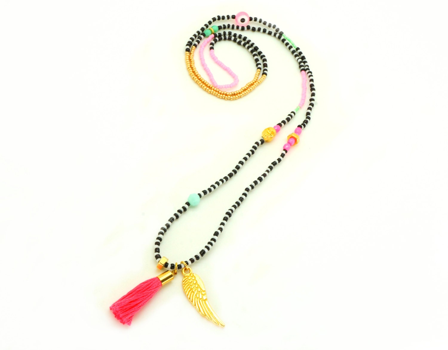 Tribal Tassel Beaded Necklace - Black White Neon Pink Mint beads , Gold Hex Nuts  Feather Wing Tassel Skull Evil Eye