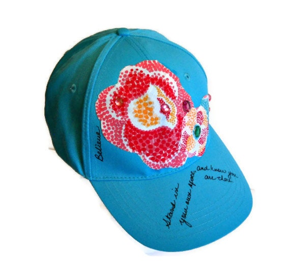 Turquoise Baseball Cap - Pink Floral Fabric Accent-  Affirmation - Bling - Womens Cap-TAGT