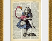 ALICE IN WONDERLAND 18 - recycled book page print - antique dictionary page with Alice and Pink Flamingo - home decor, nursery art, children