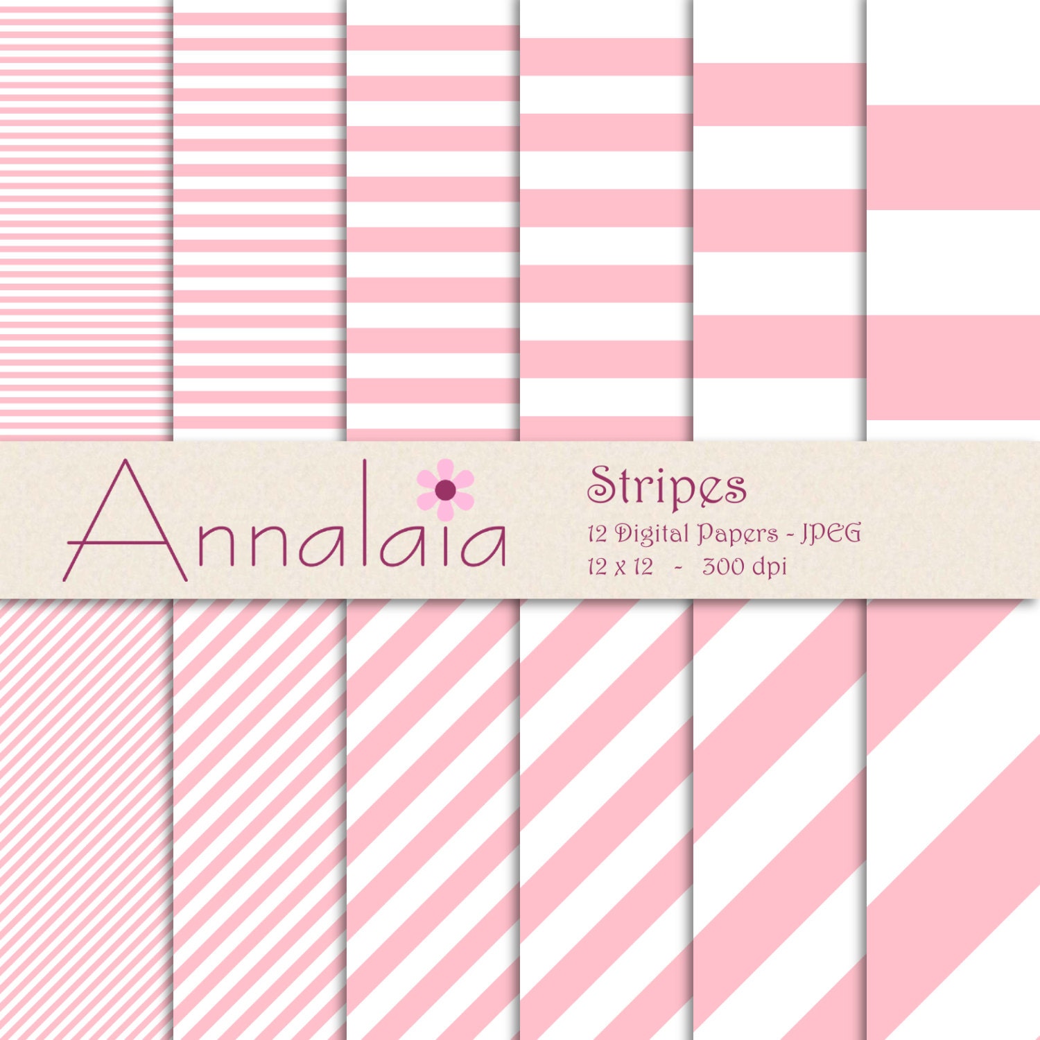 INSTANT DOWNLOAD Digital Paper Pack: Pink White Horizontal Diagonal Stripes Scrapbook Paper 12x12 8,5x11 Baby Girl Commercial Use 370