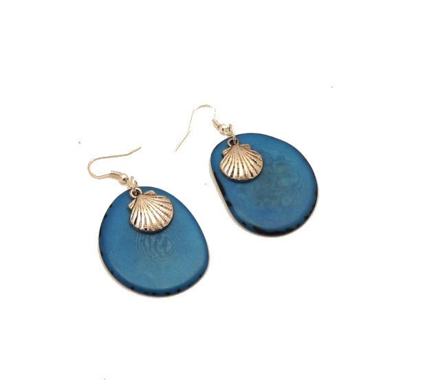 Turquoise Tagua Nut and Sea Shell Earrings
