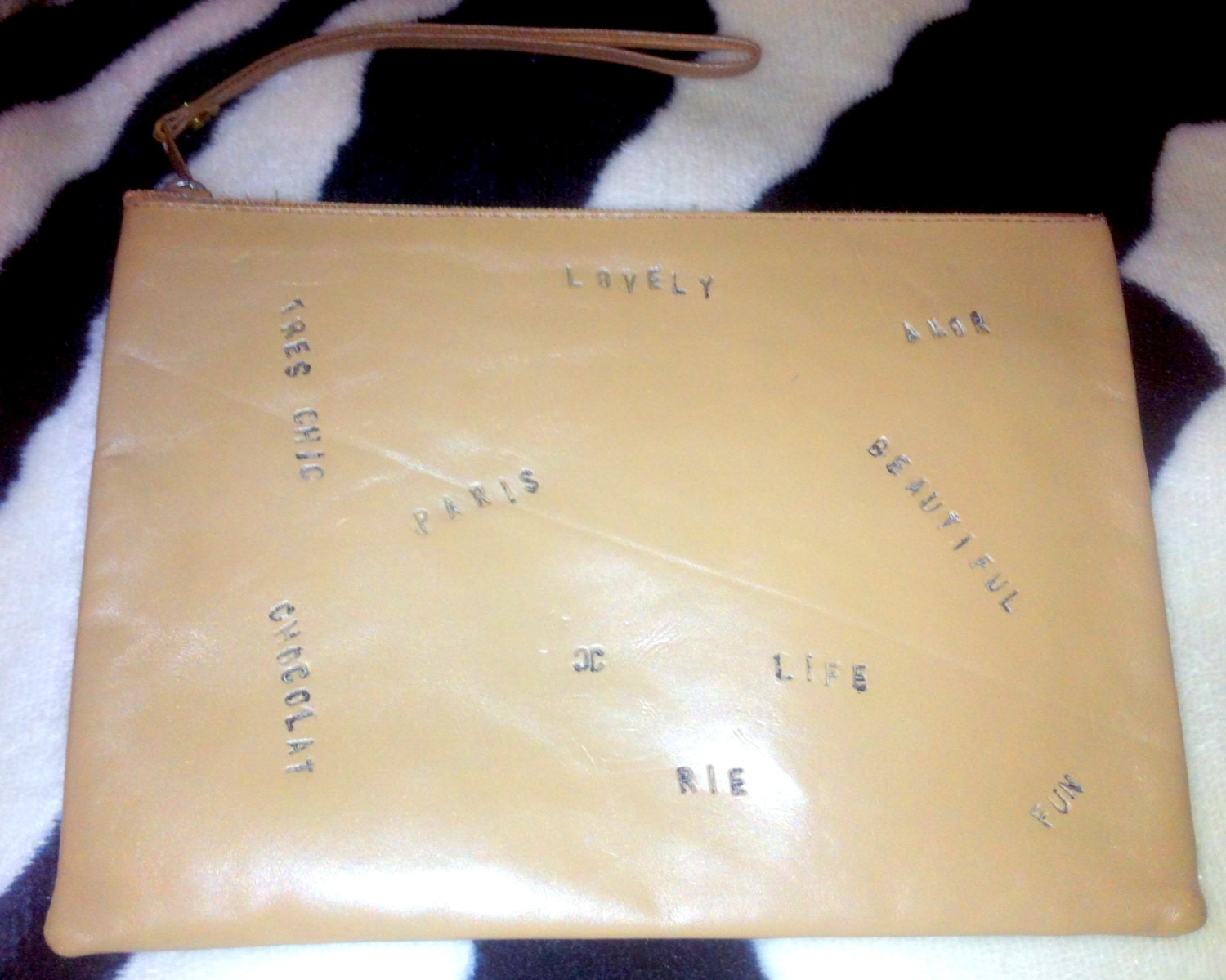 PERSONALIZED Hand Stamped CLUTCH Brown Handbag with Zipper Brown Pleather Purse
