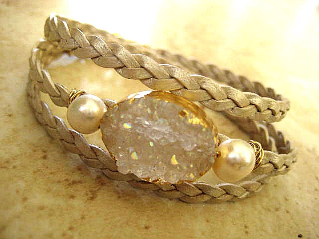 Tiny Treasures - White Braided Triple Leather Wrap Rainbow Drusy Quartz and Pearl 14k Gold Fill Bracelet