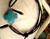 Tiny Treasures - Turquoise Magnesite Roman Cross Leather Adjustable Bracelet 14K Gold Filled Wire