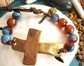 Have Faith... Statement Boho Leather Turquoise Brown Agate Beaded Bracelet with SideWay Hammered Gold Cross & Crown
