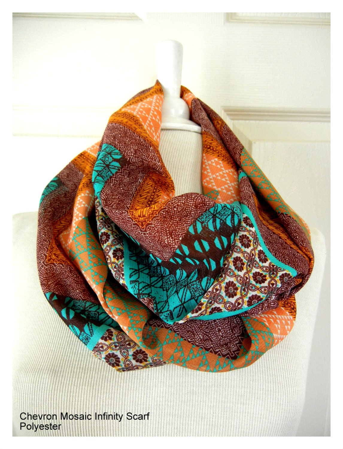 LIX PERLE:  Chevron Mosaic Infinity Scarf, Moroccan prints, Silky Polyester, Dressy, Circular tube versatile unisex scarf