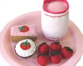Strawberry Felt Play Food Set, Strawberries,Strawberry Milkshake,Cupcakes