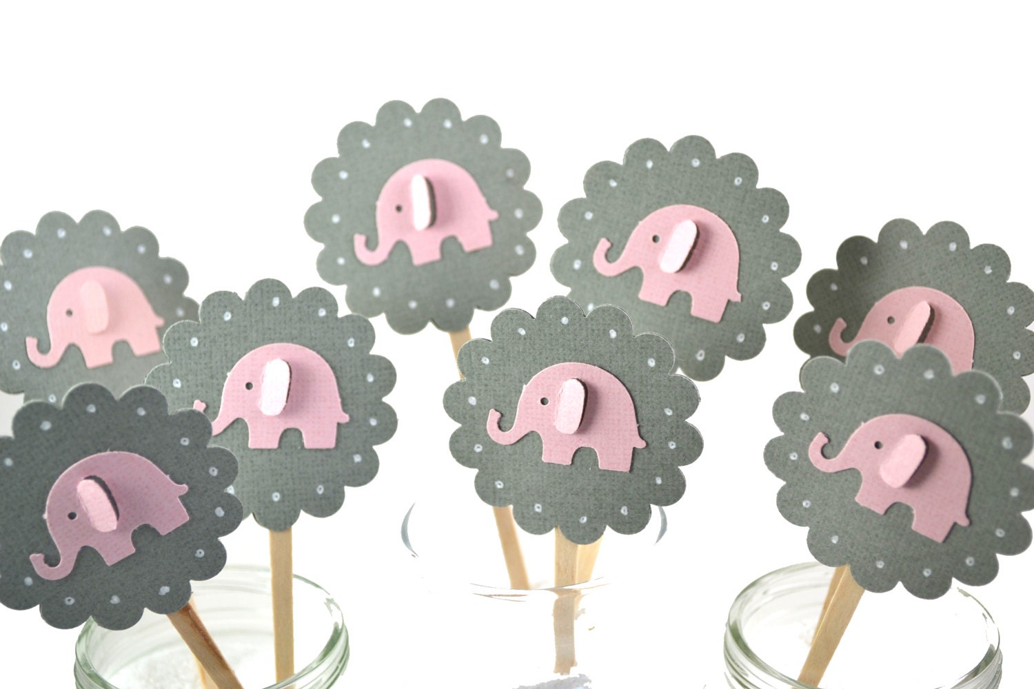 Grey and Pink Elephant Cupcake Toppers Qty 12--Baby Shower--Birthday Party