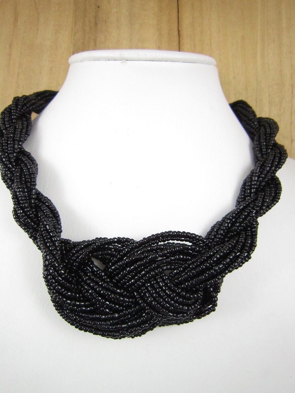 Black Beaded Necklace-2013 Statement Jewelry Necklace Knot Necklace Seed Beadwork Necklace Choker Collar Necklace Bridesmaid Bride Necklace