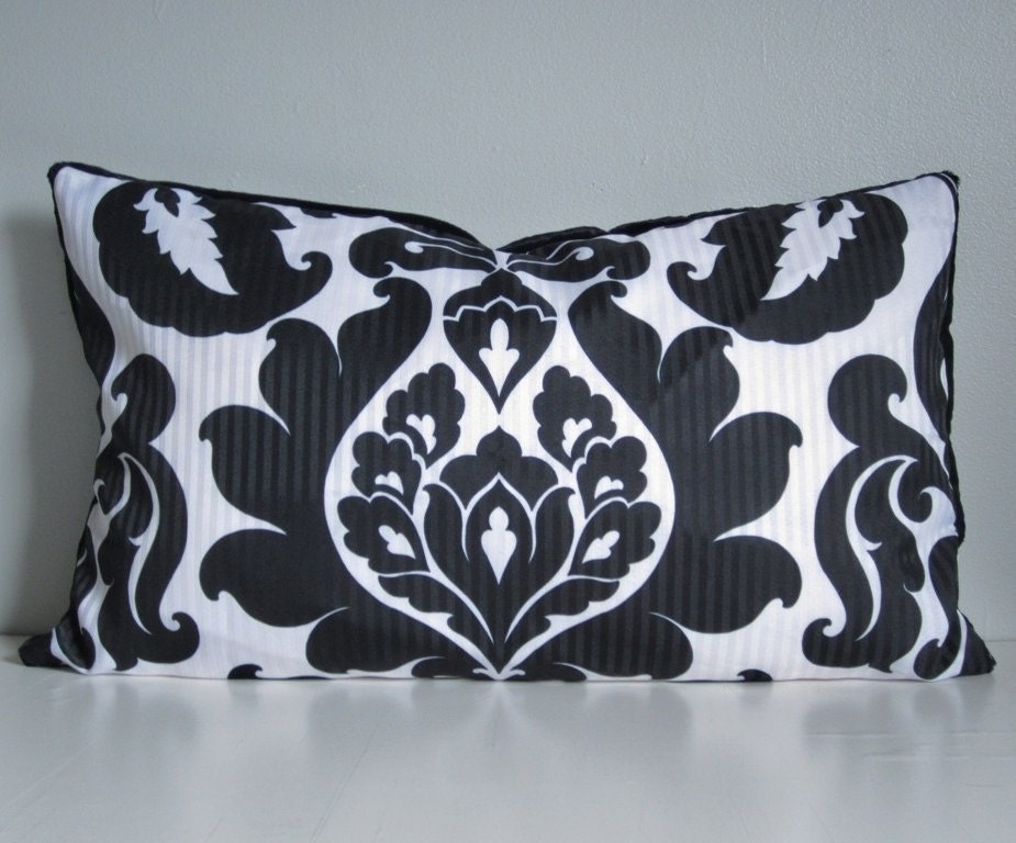 Large Modern Lumbar Hollywood Regency Black And White Damask Decorative Throw Pillow Cover 16x26