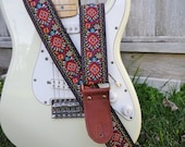 Red Peacock Feathers Guitar Strap with brown leather ends