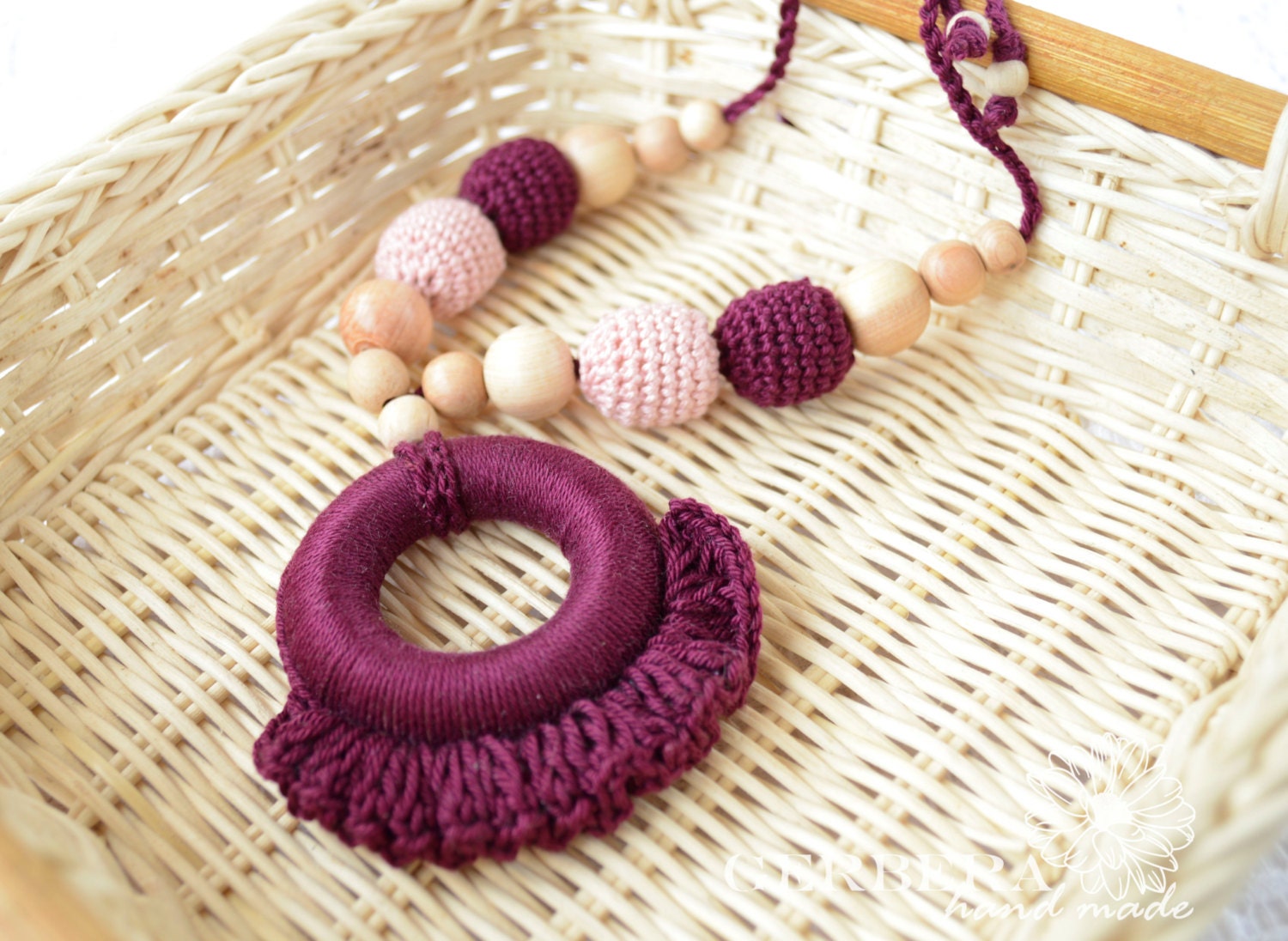 Nursing necklace /Teething necklace /Crochet nursing necklace juniper beads red vinous cream color READY TO SHIP