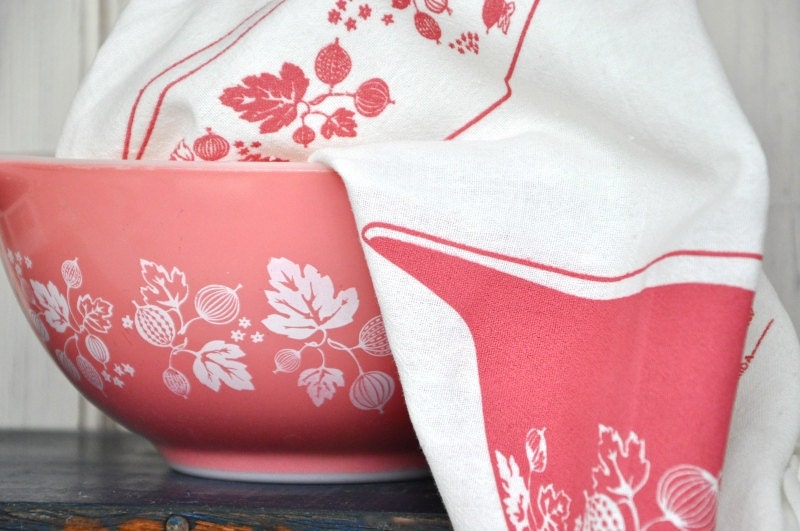 Tea Towel: Vintage Pyrex Pink Gooseberry, Cinderella Bowls-Screen Printed White Cotton -- Soft, Lint Free, Awesome.