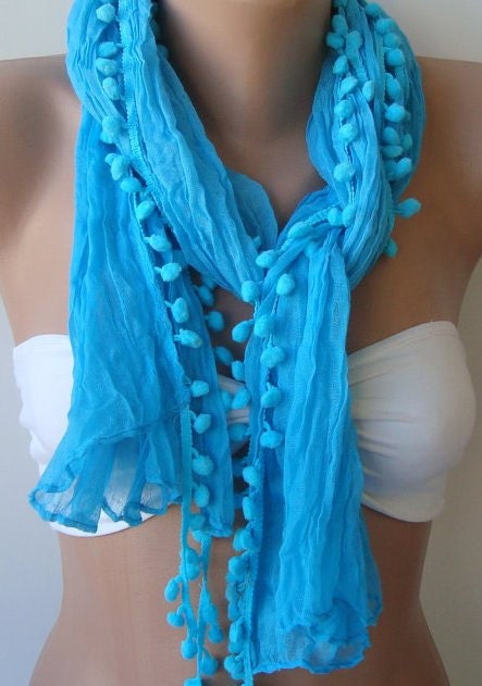 Elegant scarf Cotton scarf blue scarf Batik scarf pompom