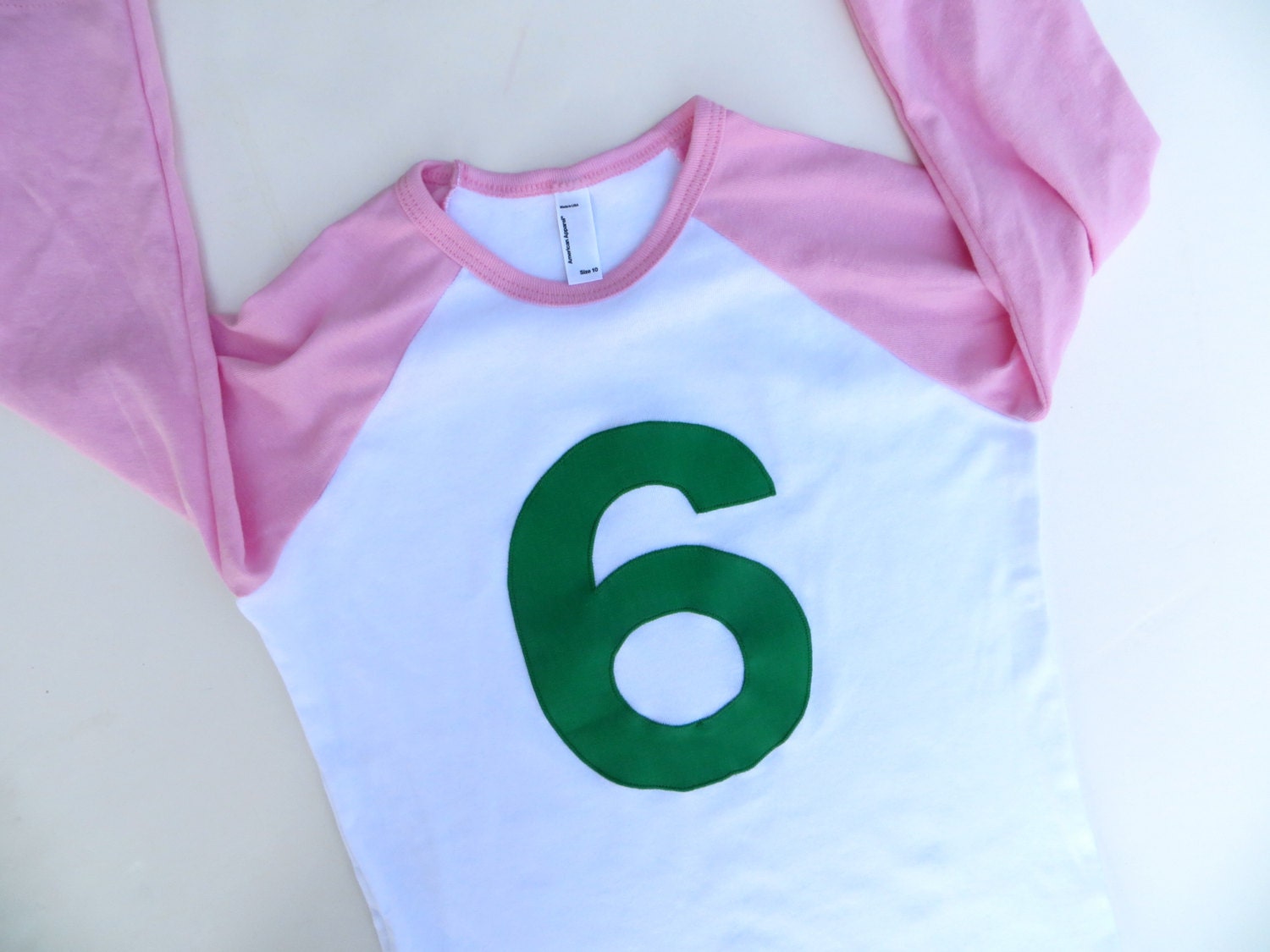 Green 6 on Pink and White Raglan Birthday T Shirt- Bigger Sizes for Older Kids