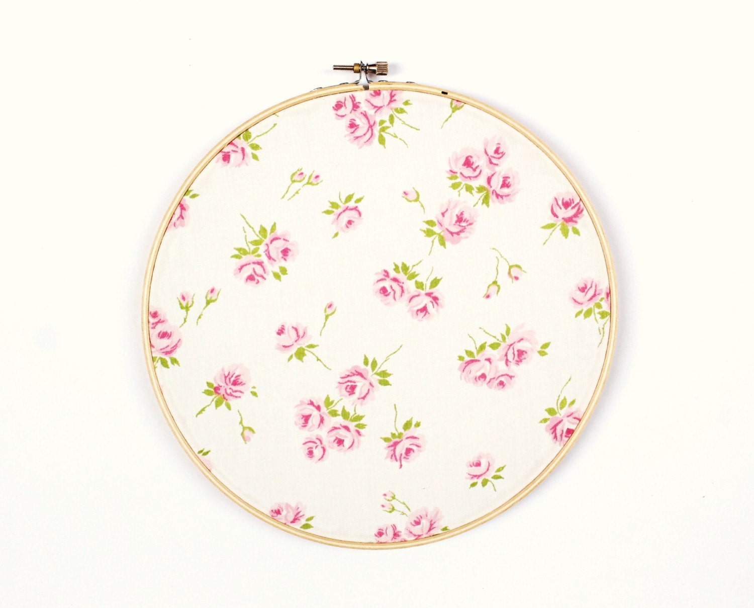 Spring Pink and White Floral Print Embroidery Art, Green, Wooden hoop