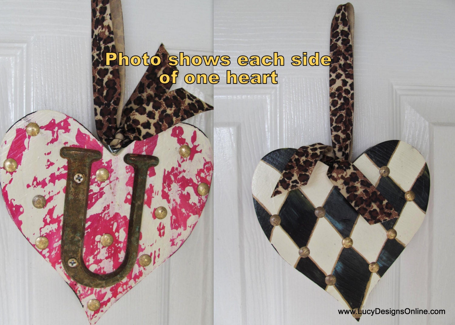 Hand made, hand painted wooden heart Valentines, ornament, harlequin, studded, "U" 1 for 28 or 2 for 50