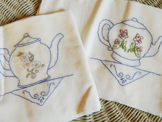 Pair of Teapot Embroidered Tea Towels