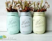 Icy Hues - Summer Decor - Painted and Distressed Shabby Chic Mason Jars - Vases