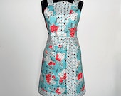Ruffled bodice full womens apron-aqua and coral floral cotton fabric-sizes 4-12