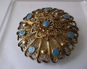 Antique Victorian GILT Filigree 950 SiLVER & TURQUOiSE Enamel Brooch Pendant/ CANNETILLE JEWELRY