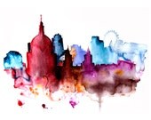 London city abstract ART PRINT 13X19 watercolor painting