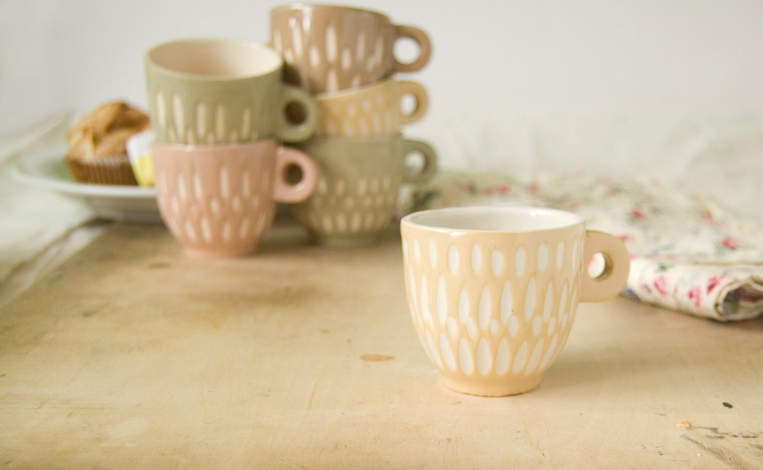 Ceramic stoneware cup coffee tea espresso - unique handmade serving decorative textured kitchen pottery morning coffee - ecru yellow