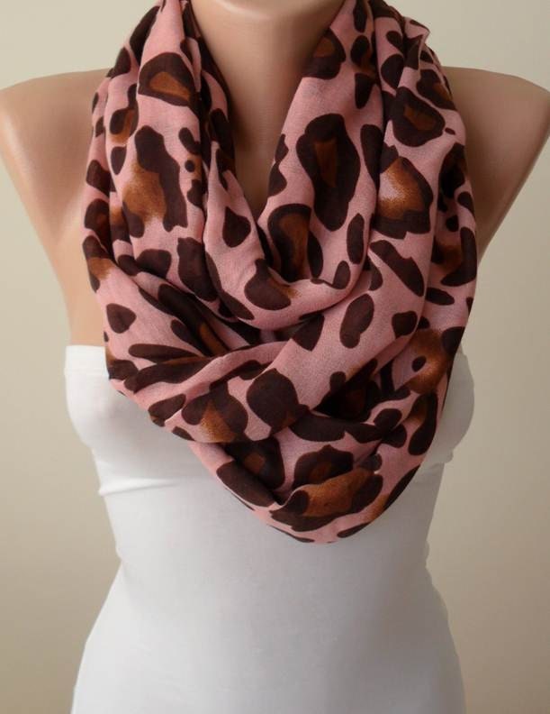 New - Mother's Day - Salmon Leopard  Infinity Scarf - Soft Cotton Fabric