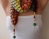 Multi Color - Chiffon Jewelry Scarf with Beads and Chain