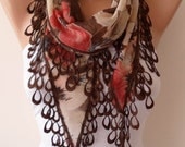 Lightweight Summer Scarf  - Coral Beige and Brown Scarf with Beige Trim Edge