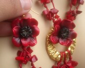 Red poppy - Flower necklace - Flower earrings - Polymer jewelry