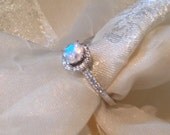 Solitaire Engagement Ring Rainbow Moonstone Solitaire in White Zircon Halo Setting
